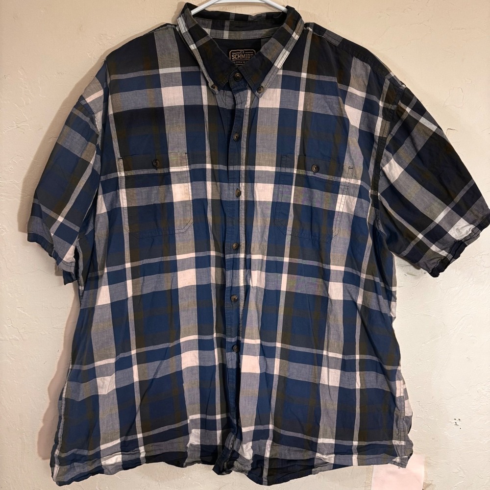 C.E. Schmidt Workwear Plaid Short‎ Sleeve Button Up Shirt Men's 2X Blue Grey